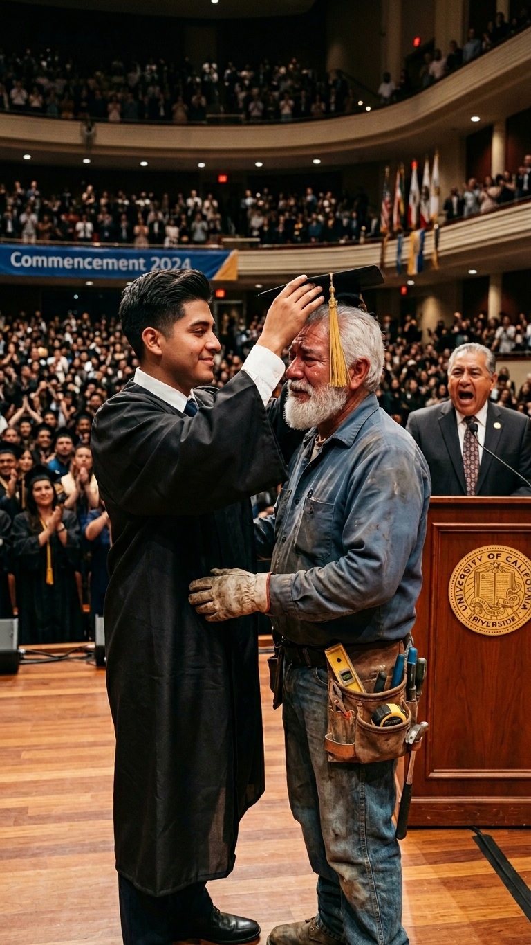 Der millionenschwere leibliche Vater versuchte, den Maurer von der Abschlussfeier auszuschließen, doch der Dekan ergriff das Mikrofon und enthüllte ein erschreckendes Geheimnis, das alle Anwesenden wie gelähmt zurückließ.