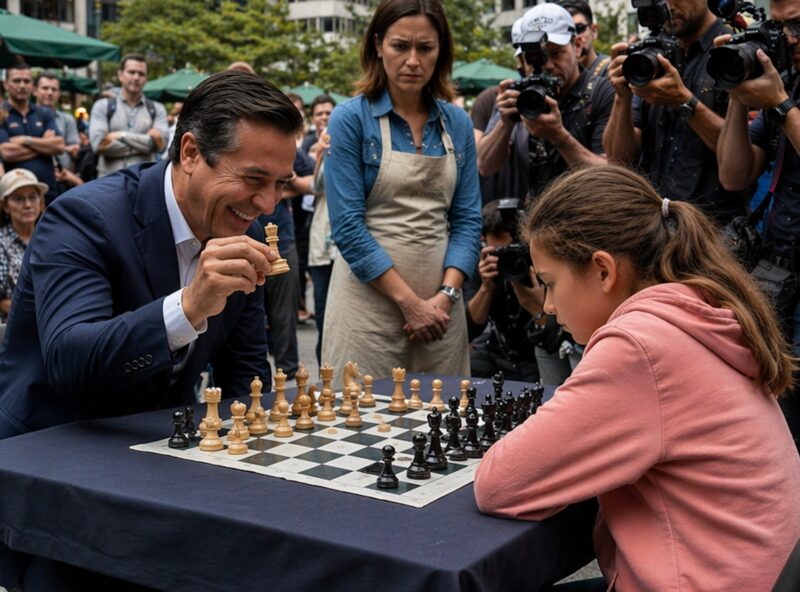 “¡100 MILLONES SI PUEDES GANARME AL AJEDREZ!” — el multimillonario sonrió con suficiencia, convencido de que hoy volvería a entretener al público… pero se sorprendió cuando la joven hija de la señora de la limpieza se sentó con seguridad frente a él e hizo esto…
