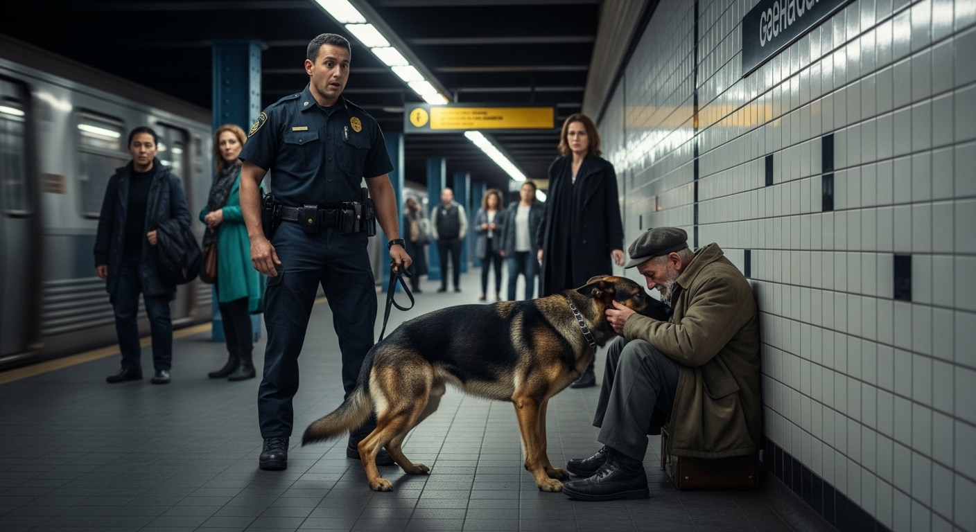 Nobody understood why my highly trained K9 suddenly broke rank and pinned a trembling beggar against the subway wall, until the dog started sobbing into his tattered jacket.
